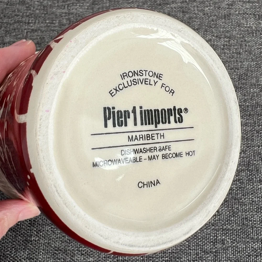 Pier 1 Imports Maribeth Red Cream Floral Coffee Mug Ridged Ironstone CHIPS READ